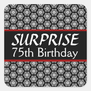 Sticker Carré 75e SURPRISE Anniversaire Noir Argent Rouge