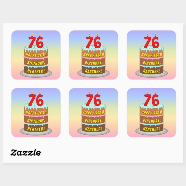 Sticker Carré 76e anniversaire : Fun Cake and Candles + Nom pers (Feuille)