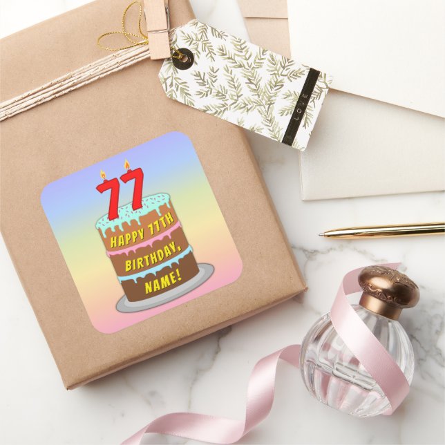Sticker Carré 77e anniversaire : Fun Cake and Candles + Nom pers (Cadeaux)