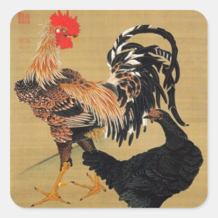 Sticker Carré 7. 大 鶏 雌 雄 図, 冲 Couple de Poulets, Jakuchu, 若