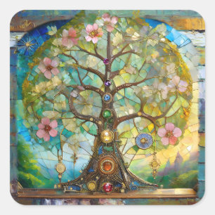 Sticker Carré 7 Chakra Fleurissant Arbre De Vie