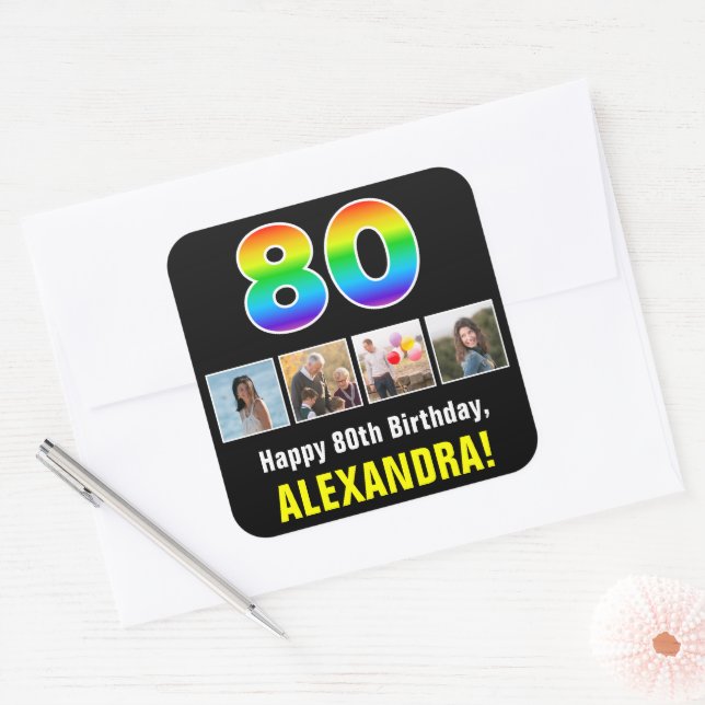 Sticker Carré 80e anniversaire : Arc-en-ciel "80"; photos et nom (Enveloppe)