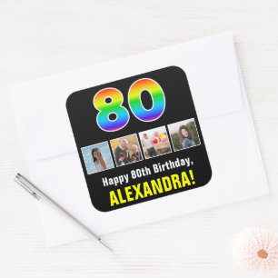 Sticker Carré 80e anniversaire : Arc-en-ciel "80"; photos et nom
