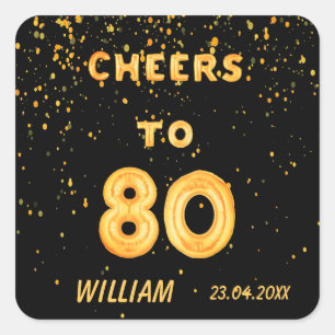 Sticker Carré 80e anniversaire de fête ballons d'or noir applau