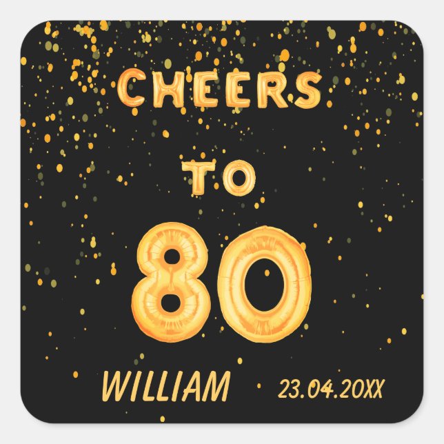 Sticker Carré 80e anniversaire de fête ballons d'or noir applaud (Devant)