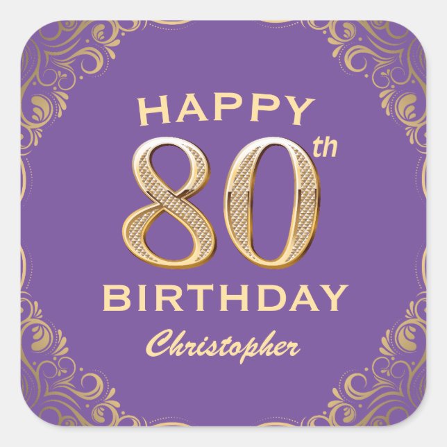 Sticker Carré 80e anniversaire fête violet et Parties scintillan (Devant)