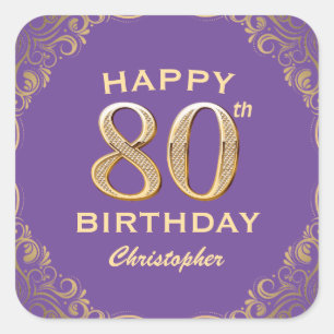 Sticker Carré 80e anniversaire fête violet et Parties scintillan