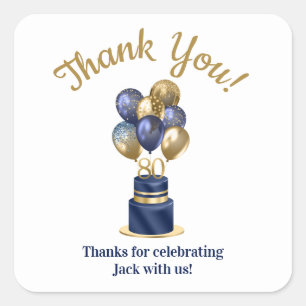 Sticker Carré 80e anniversaire Marine Blue Balloon Cake Merci