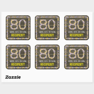 Sticker Carré 80e anniversaire : numéro floral, Faux Wood Look, 