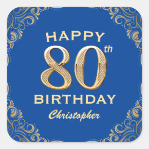 Sticker Carré 80e anniversaire Parties scintillant bleue et or c