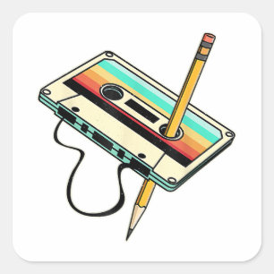 Sticker Carré 80s Cassette Tape Pencil 1980s Retro Vintage Throw