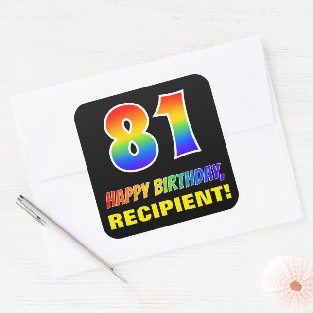 Sticker Carré 81e anniversaire : Bold, amusant, simple, arc-en-c (Enveloppe)