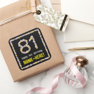 Sticker Carré 81e anniversaire : Floral Flowers Numéro, Nom pers