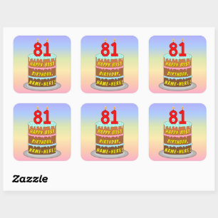 Sticker Carré 81e anniversaire : Fun Cake and Candles + Nom pers