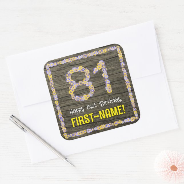Sticker Carré 81e anniversaire : Numéro floral, Faux Wood Look,  (Enveloppe)