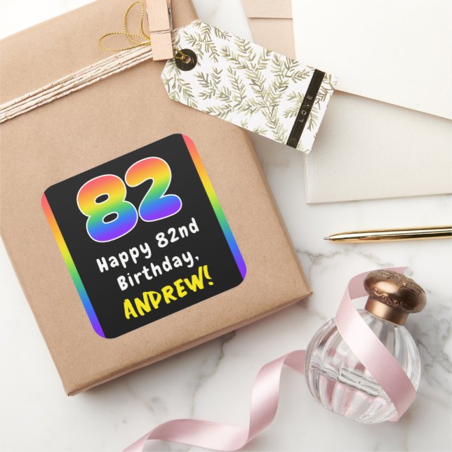Sticker Carré 82nd Birthday: Rainbow Spectrum # 82, Custom Name (Cadeaux)