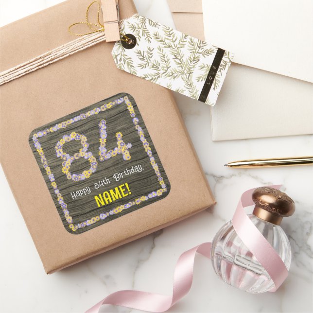 Sticker Carré 84e anniversaire : numéro floral, Faux Wood Look,  (Cadeaux)