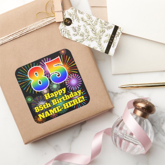 Sticker Carré 85e anniversaire : Fun Fireworks Look, Arc-en-ciel (Cadeaux)
