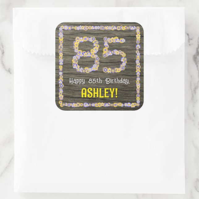 Sticker Carré 85e anniversaire : numéro floral, Faux Wood Look,  (Sac)
