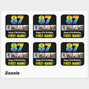 Sticker Carré 87e anniversaire : Arc-en-ciel "87"; photos et nom