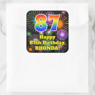 Sticker Carré 87e anniversaire : Fun Fireworks Look, Arc en ciel