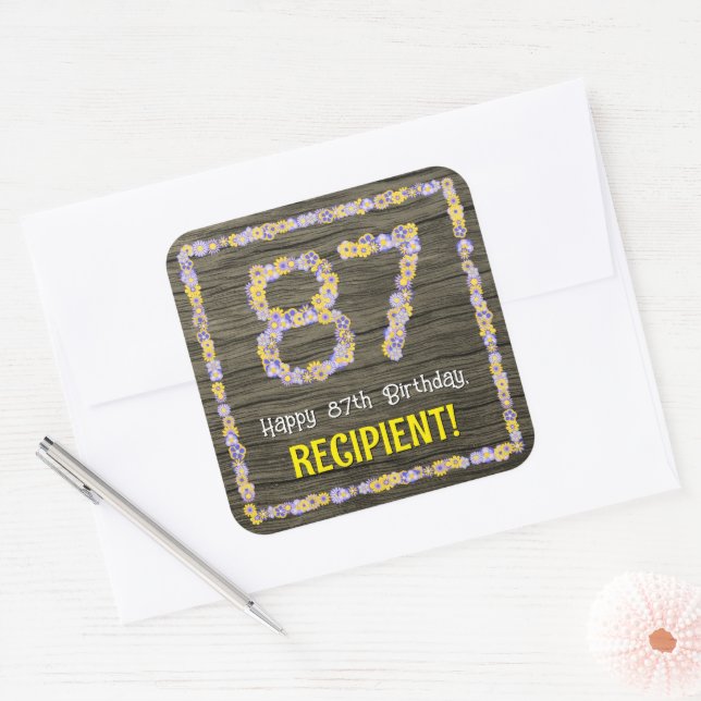 Sticker Carré 87e anniversaire : numéro floral, Faux Wood Look,  (Enveloppe)