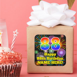 Sticker Carré 88e anniversaire : Fun Fireworks Look, Arc-en-ciel