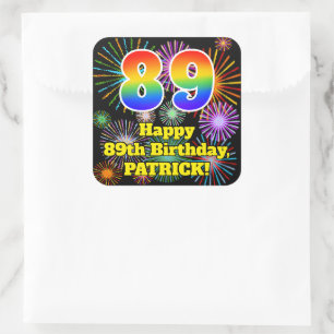 Sticker Carré 89e anniversaire : Fun Fireworks Look, Arc en ciel