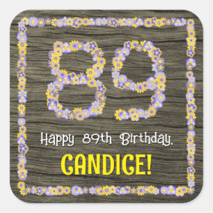 Sticker Carré 89e anniversaire : numéro floral, Faux Wood Look, 