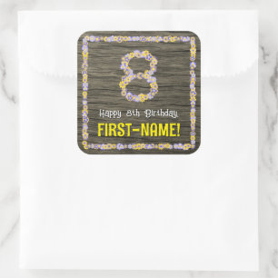 Sticker Carré 8e anniversaire : Floral Number, Faux Wood Look, N