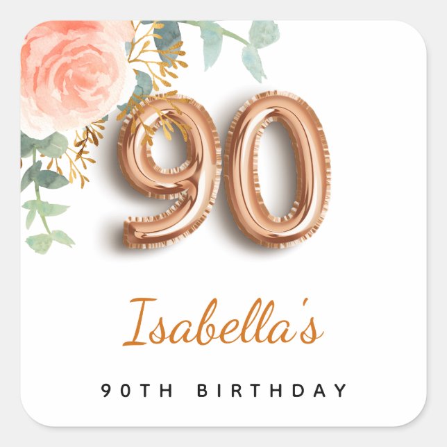 Sticker Carré 90e anniversaire floral rose or eucalyptus monogra (Devant)