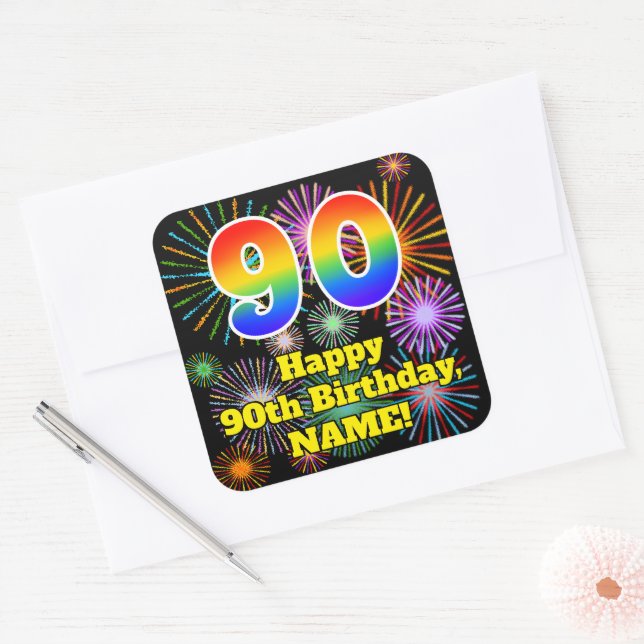 Sticker Carré 90e anniversaire : Fun Fireworks Look, Arc en ciel (Enveloppe)