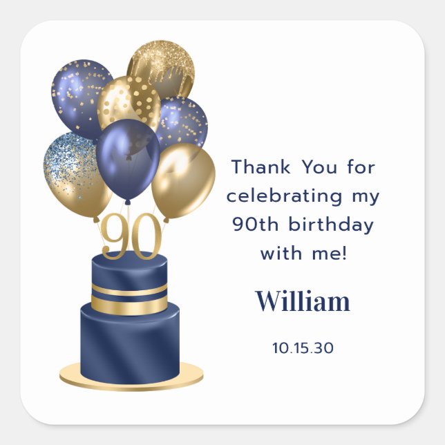 Sticker Carré 90e anniversaire Marine Blue Balloon Cake Merci (Devant)