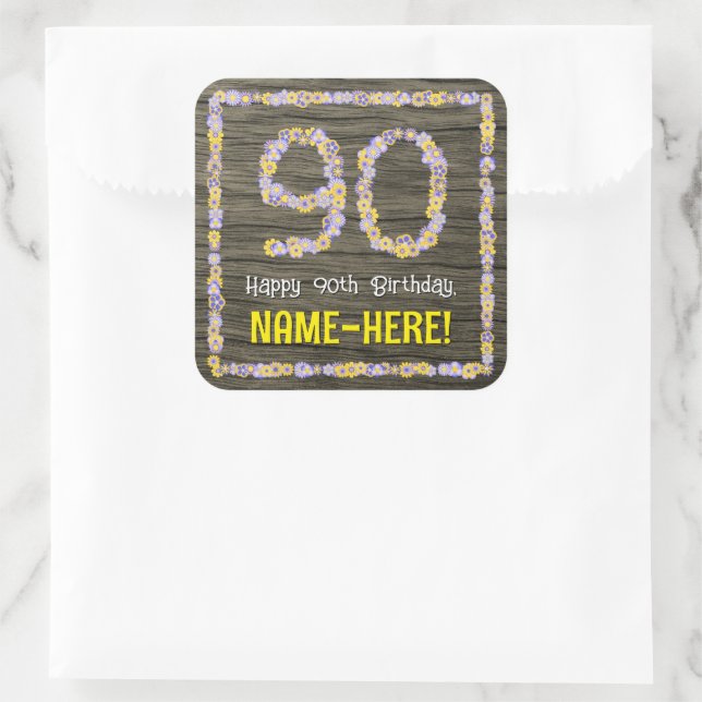 Sticker Carré 90e anniversaire : numéro floral, Faux Wood Look,  (Sac)