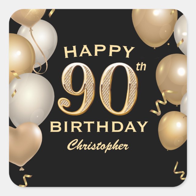 Sticker Carré 90e fête d'anniversaire Ballons noirs et or (Devant)