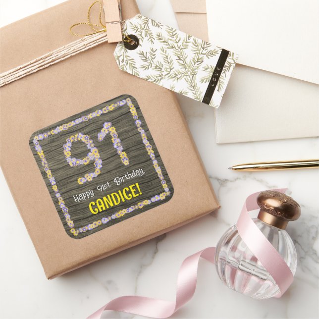 Sticker Carré 91e anniversaire : Numéro floral, Faux Wood Look,  (Cadeaux)