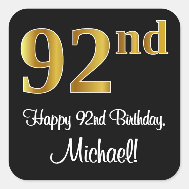 Sticker Carré 92e anniversaire - Elégant luxe Faux Gold Look # (Devant)
