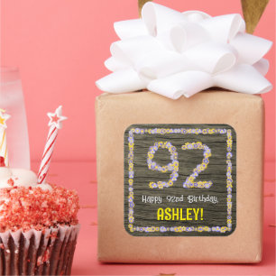 Sticker Carré 92e anniversaire : numéro floral, Faux Wood Look, 