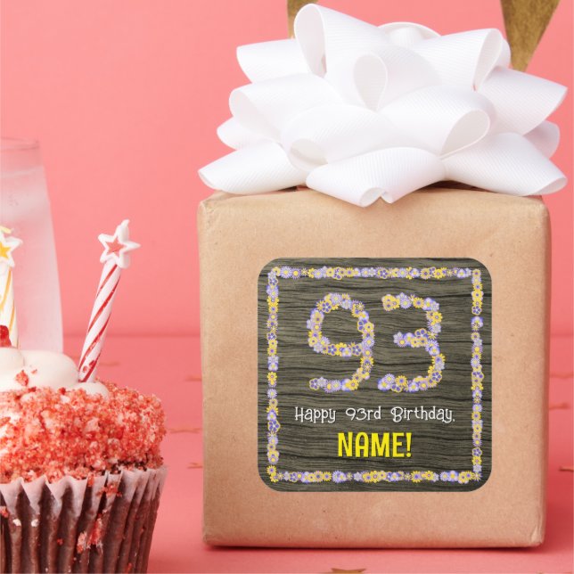 Sticker Carré 93e anniversaire : numéro floral, Faux Wood Look,  (Fête)
