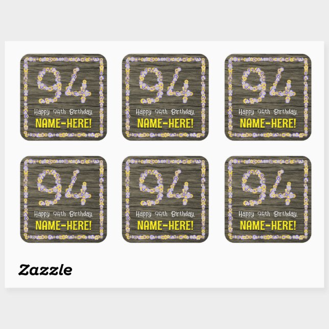 Sticker Carré 94e anniversaire : numéro floral, Faux Wood Look,  (Feuille)