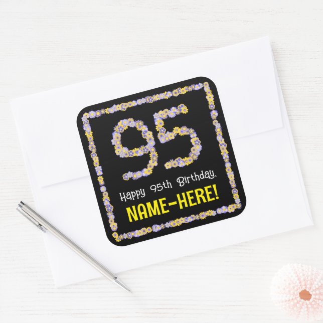 Sticker Carré 95e anniversaire : Floral Flowers Numéro, Nom pers (Enveloppe)