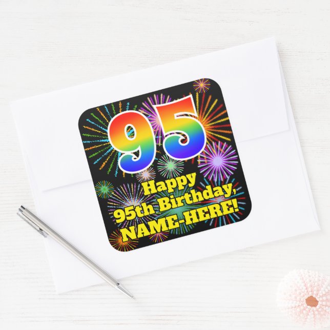 Sticker Carré 95e anniversaire : Fun Fireworks Look, Arc-en-ciel (Enveloppe)