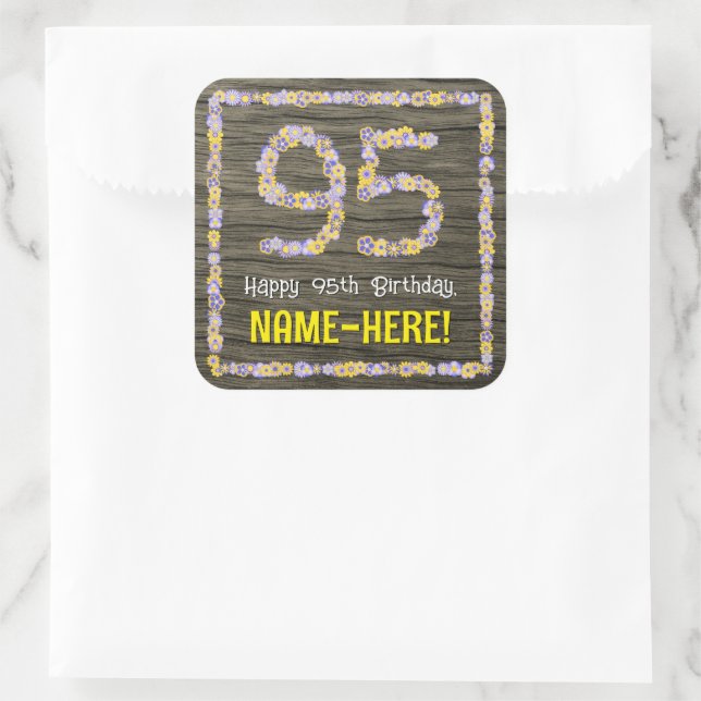 Sticker Carré 95e anniversaire : numéro floral, Faux Wood Look,  (Sac)