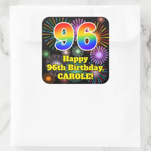 Sticker Carré 96e anniversaire : Fun Fireworks Look, Arc-en-ciel (Sac)