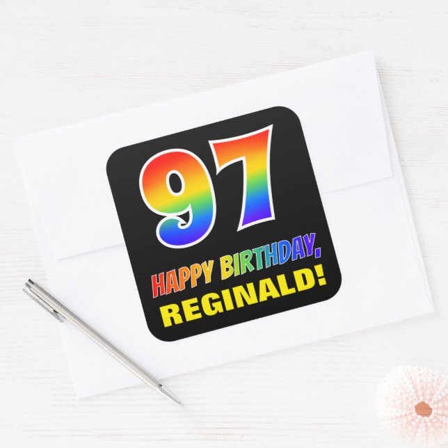 Sticker Carré 97e anniversaire : Bold, amusant, simple, arc-en-c (Enveloppe)
