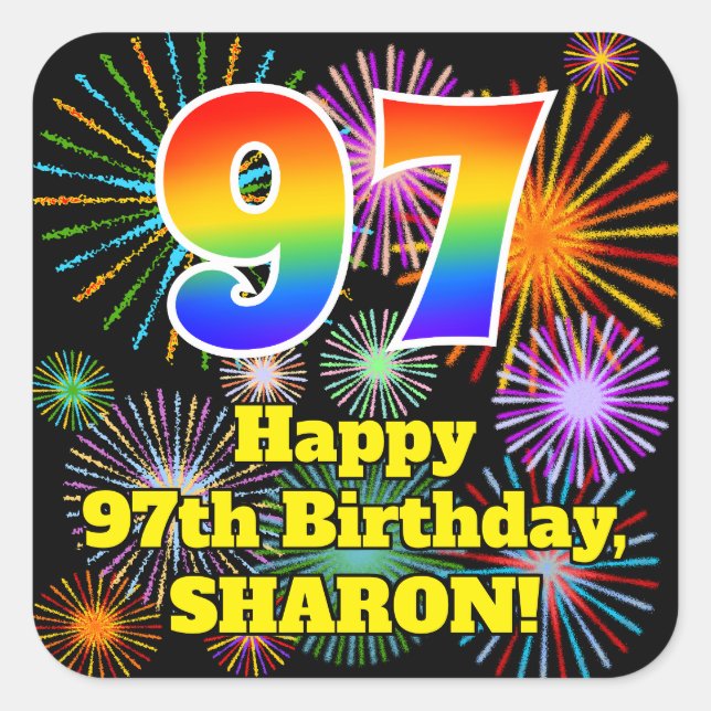 Sticker Carré 97e anniversaire : Fun Fireworks Look, Arc-en-ciel (Devant)