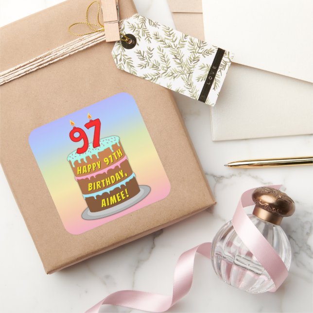 Sticker Carré 97e anniversaire : Gâteau et bougies amusants + No (Cadeaux)