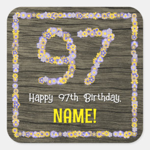 Sticker Carré 97e anniversaire : numéro floral, Faux Wood Look, 