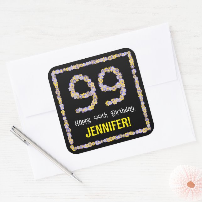 Sticker Carré 99e anniversaire : Floral Flowers Numéro, Nom pers (Enveloppe)