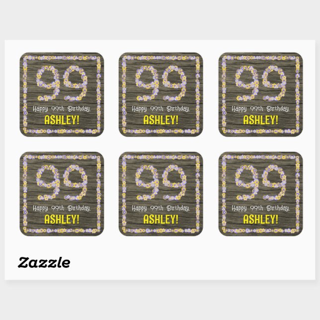 Sticker Carré 99e anniversaire : numéro floral, Faux Wood Look,  (Feuille)
